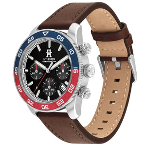 Tommy Hilfiger 1792166 Men’s Chronograph Watch – Black Dial, Pepsi Bezel & Brown Leather Strap - Luxury Hub Store
