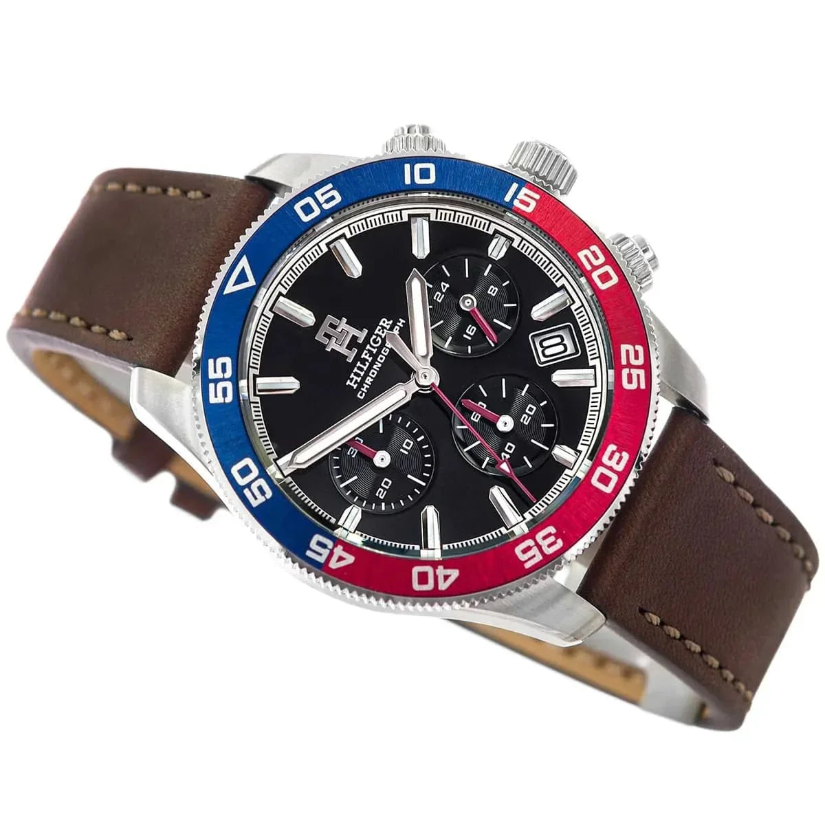 Tommy Hilfiger 1792166 Men’s Chronograph Watch – Black Dial, Pepsi Bezel & Brown Leather Strap - Luxury Hub Store