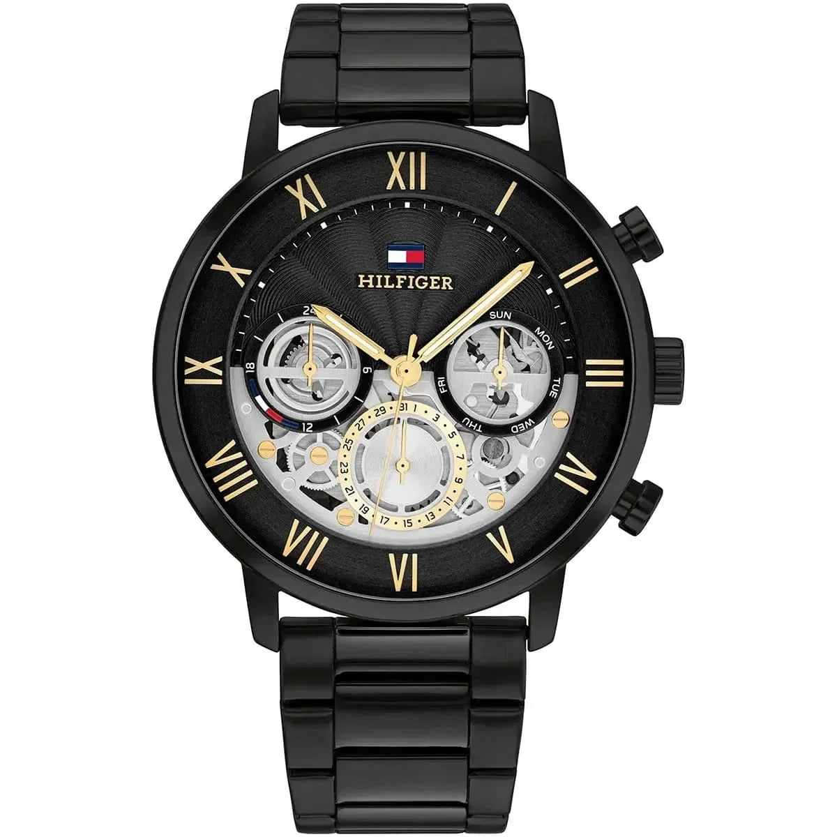 Tommy Hilfiger 1710706 Men’s Multi-Function Watch – Black & Gold Dial with Black Stainless-Steel Bracelet - Luxury Hub Store