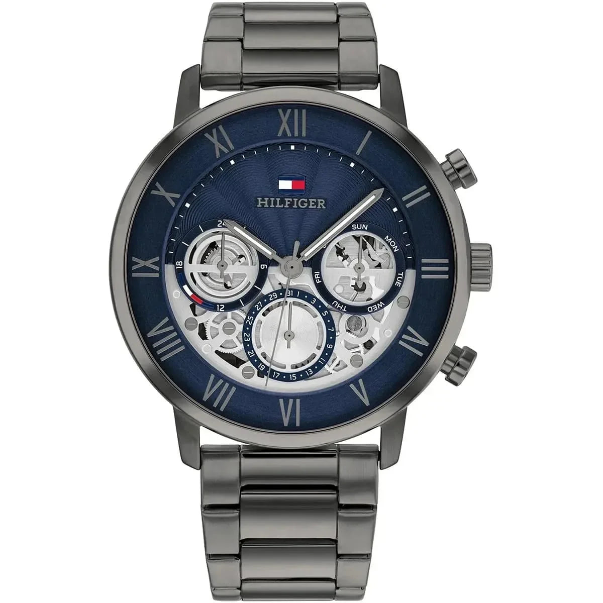 Tommy Hilfiger 1710569 Men’s Multi-Function Watch – Blue Skeleton Dial & Gunmetal Stainless-Steel Bracelet - Luxury Hub Store