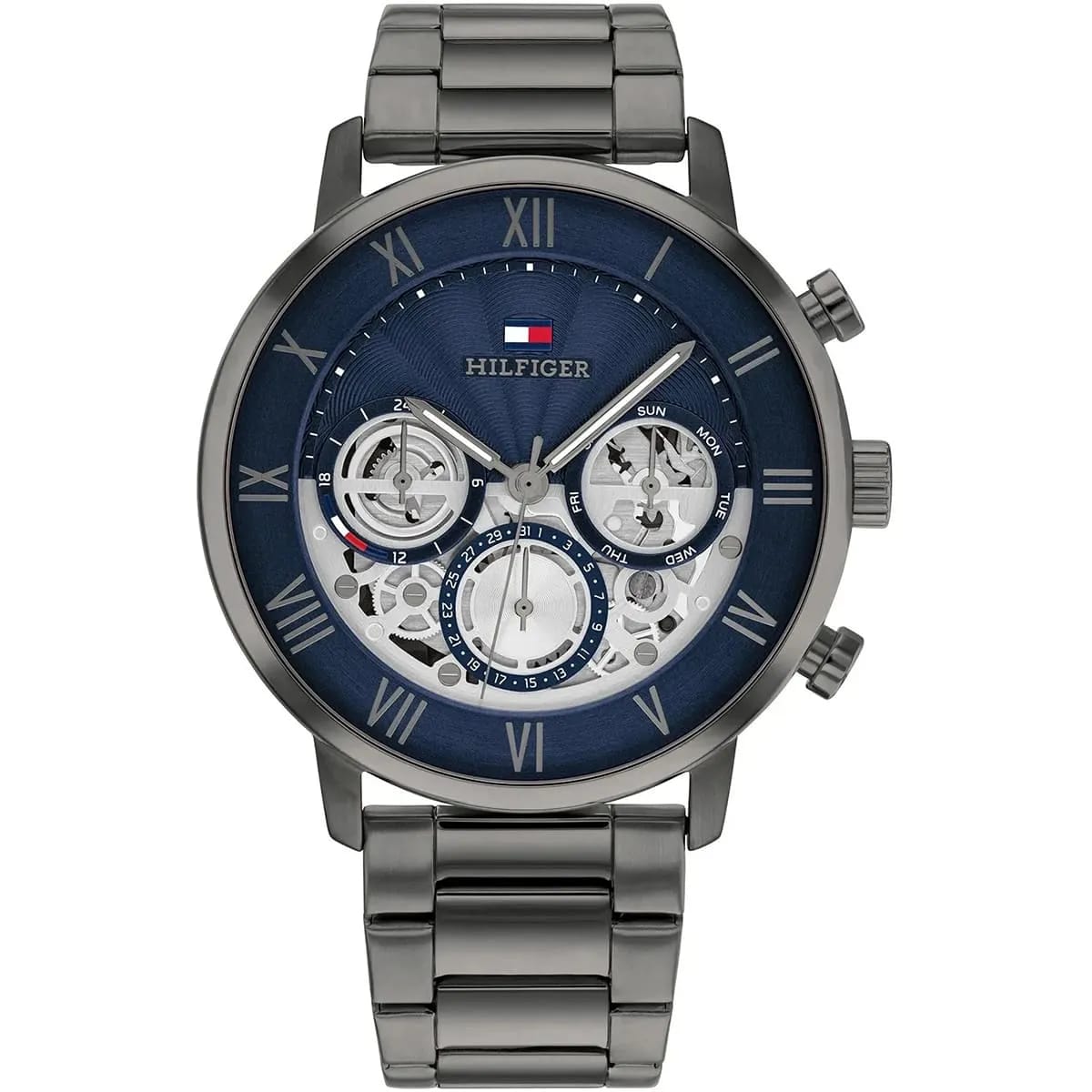 Tommy Hilfiger 1710569 Men’s Multi-Function Watch – Blue Skeleton Dial & Gunmetal Stainless-Steel Bracelet