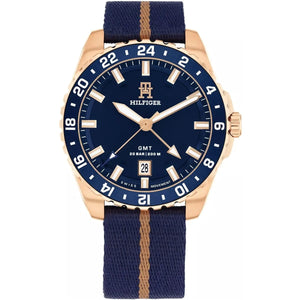 Tommy Hilfiger 1792130 Men’s GMT Watch – Blue Dial, Rose Gold Case & Navy Fabric Strap (200M Water Resistant) - Luxury Hub Store