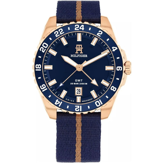 Tommy Hilfiger 1792130 Men’s GMT Watch – Blue Dial, Rose Gold Case & Navy Fabric Strap (200M Water Resistant)