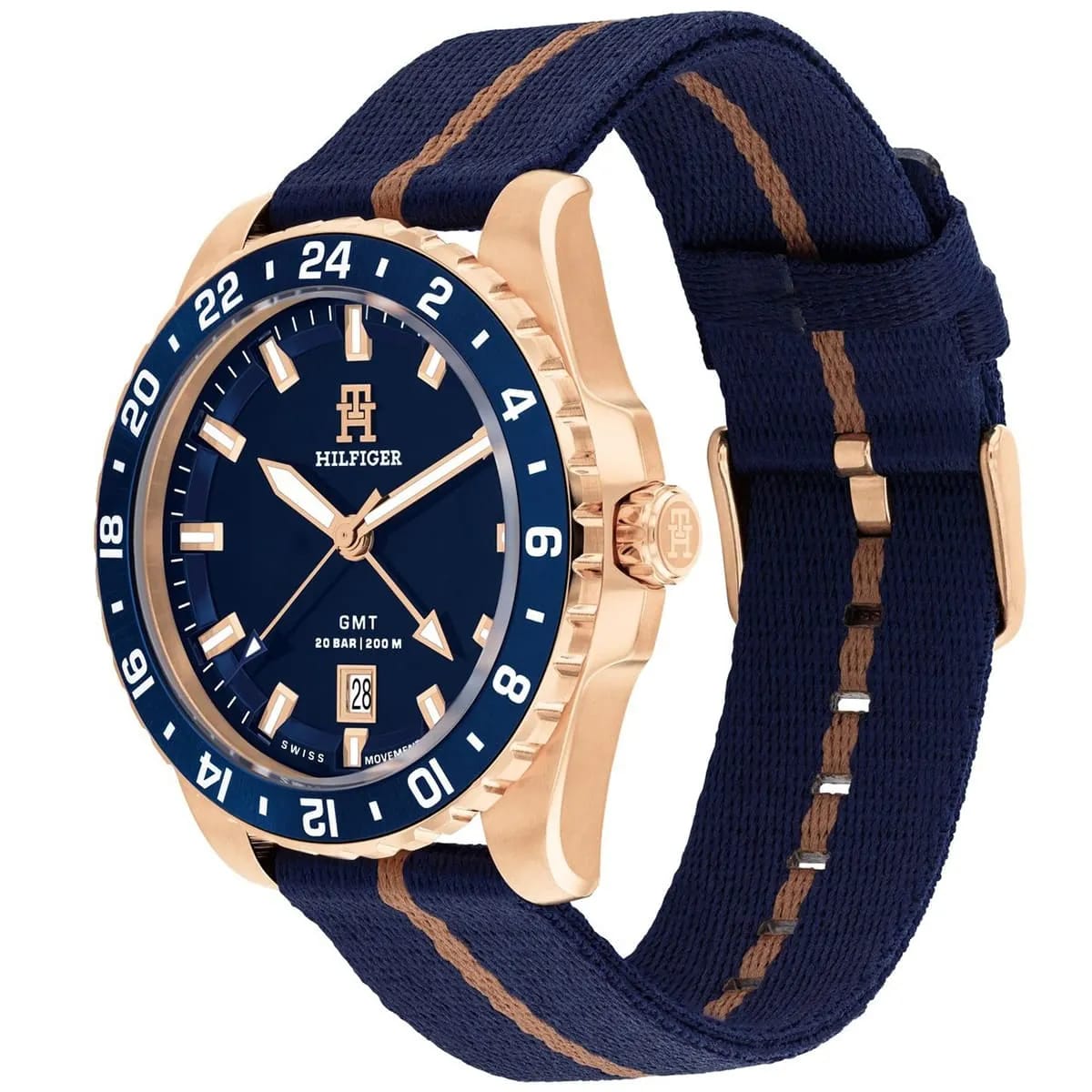 Tommy Hilfiger 1792130 Men’s GMT Watch – Blue Dial, Rose Gold Case & Navy Fabric Strap (200M Water Resistant)