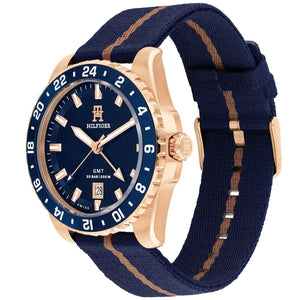 Tommy Hilfiger 1792130 Men’s GMT Watch – Blue Dial, Rose Gold Case & Navy Fabric Strap (200M Water Resistant) - Luxury Hub Store