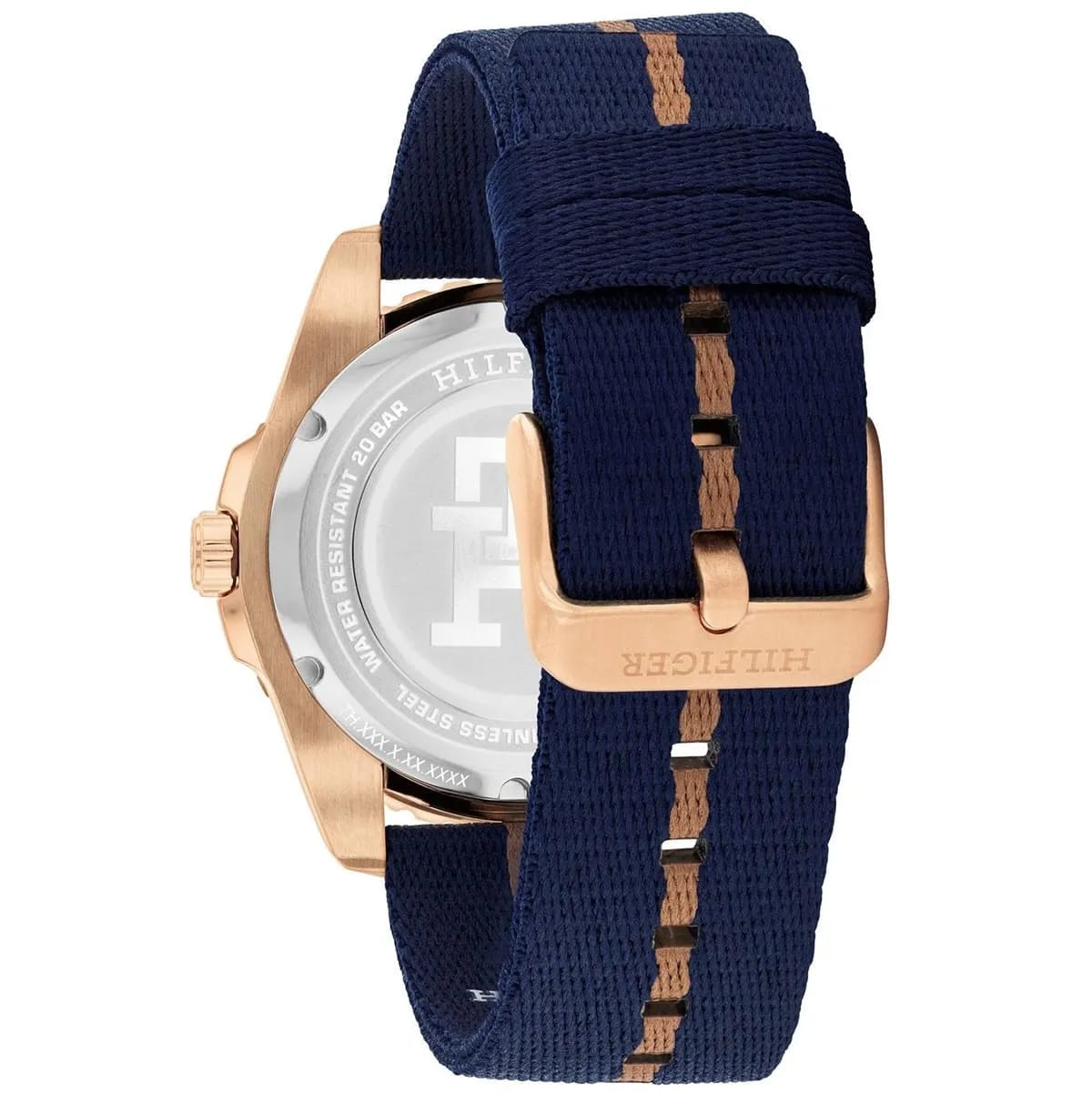 Tommy Hilfiger 1792130 Men’s GMT Watch – Blue Dial, Rose Gold Case & Navy Fabric Strap (200M Water Resistant) - Luxury Hub Store