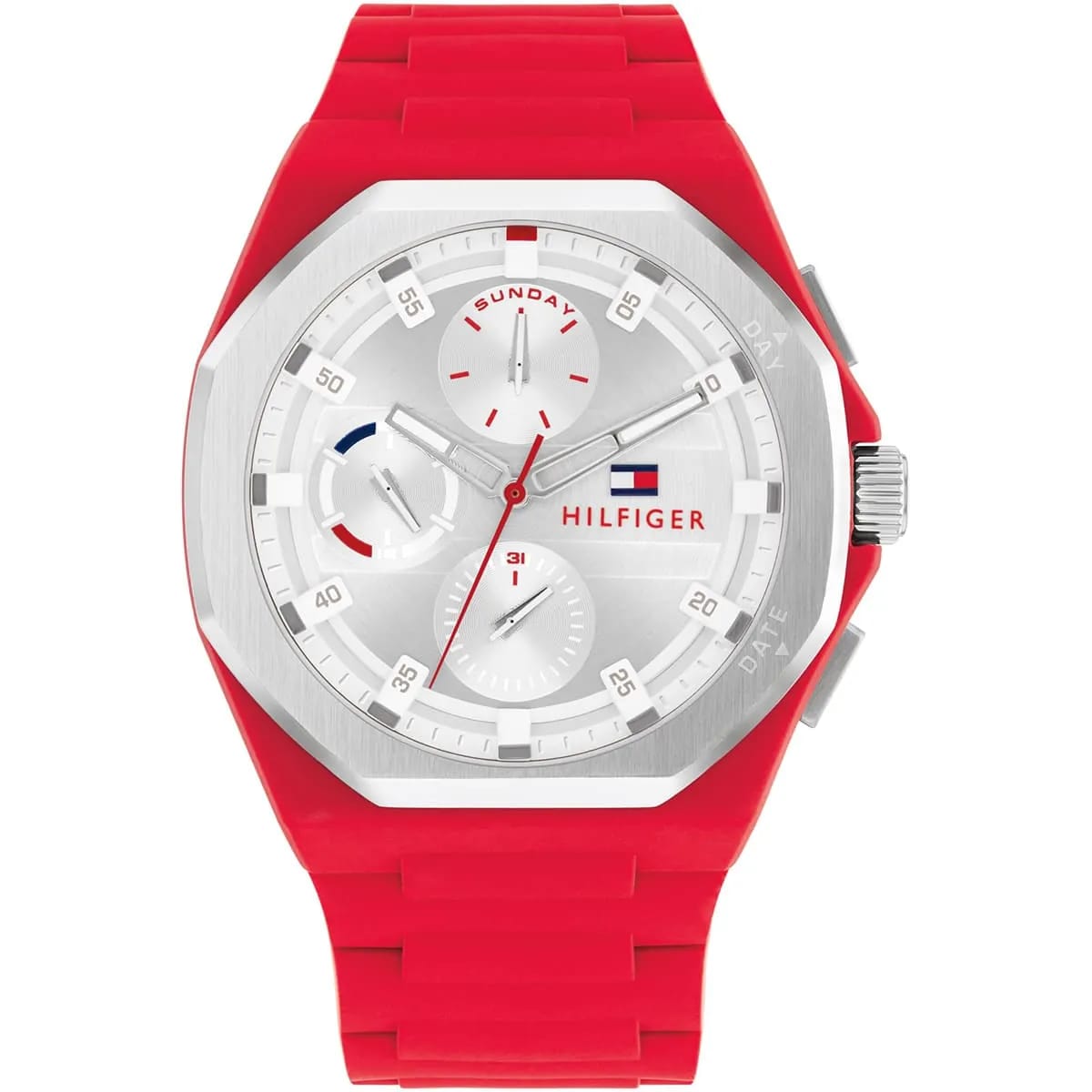 Tommy Hilfiger 1792123 Men’s Multi-Function Watch – Silver Dial & Red Silicone Strap (NEO Edition)