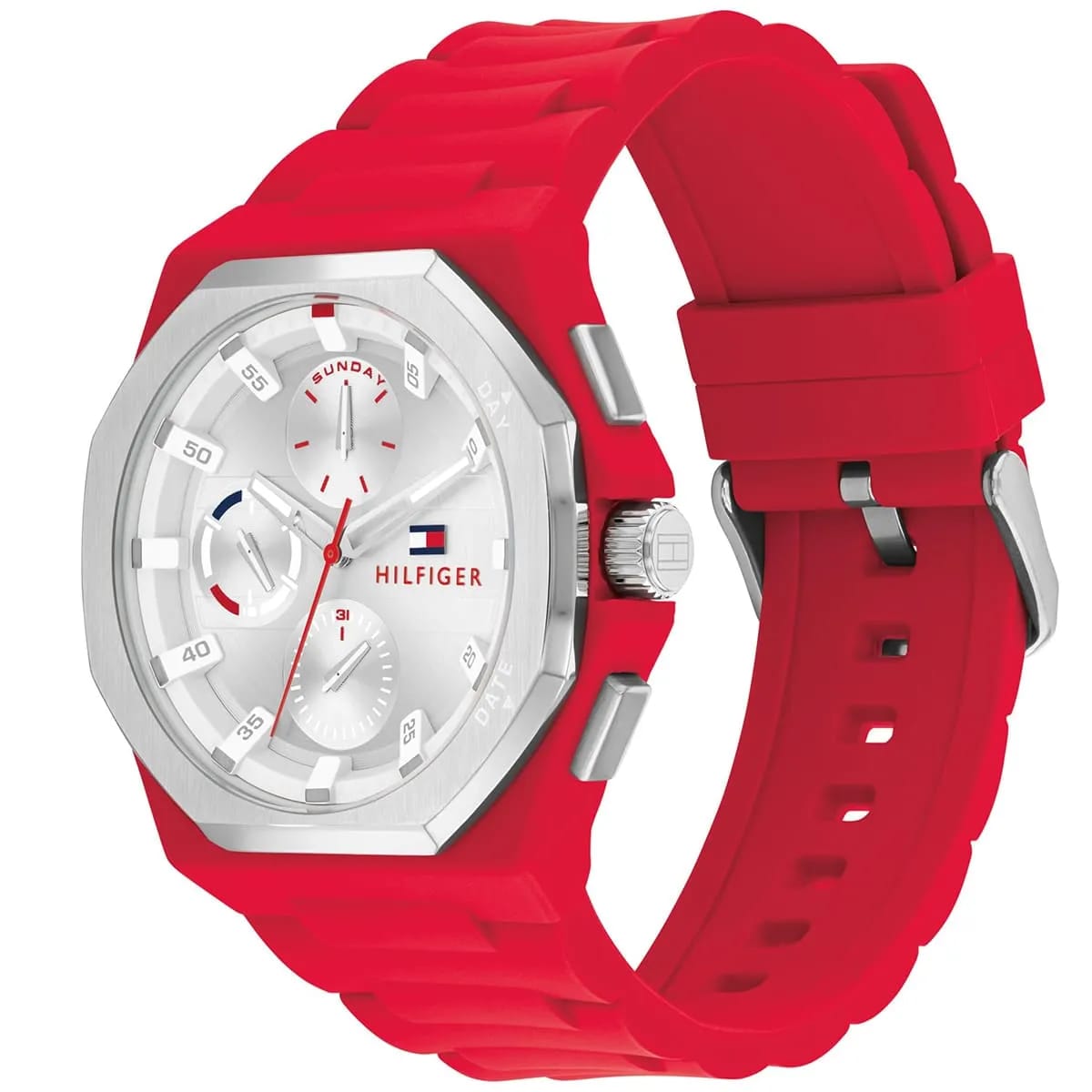 Tommy Hilfiger 1792123 Men’s Multi-Function Watch – Silver Dial & Red Silicone Strap (NEO Edition)
