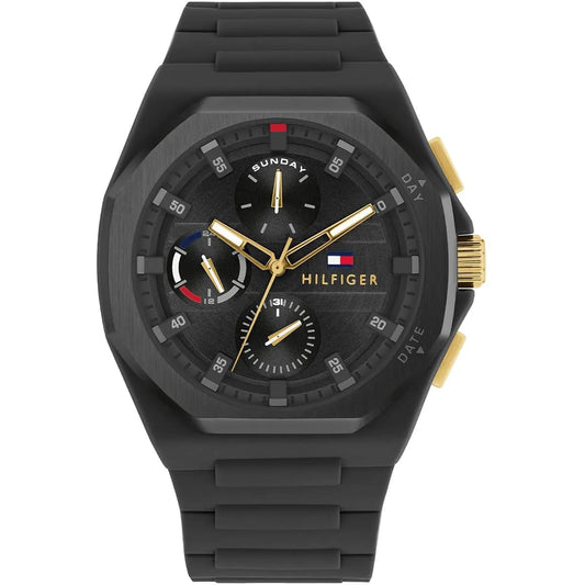 Tommy Hilfiger 1792120 Men’s Multi-Function Watch – Black Dial & Black Silicone Strap (Gold Accents – NEO Edition)