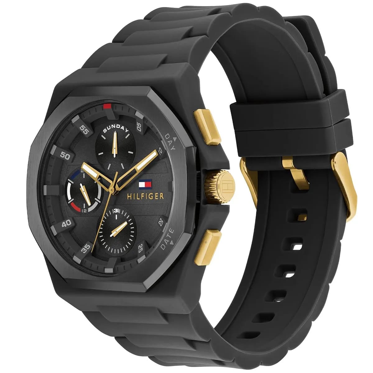 Tommy Hilfiger 1792120 Men’s Multi-Function Watch – Black Dial & Black Silicone Strap (Gold Accents – NEO Edition)