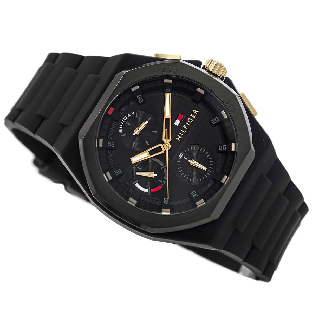 Tommy Hilfiger 1792120 Men’s Multi-Function Watch – Black Dial & Black Silicone Strap (Gold Accents – NEO Edition)