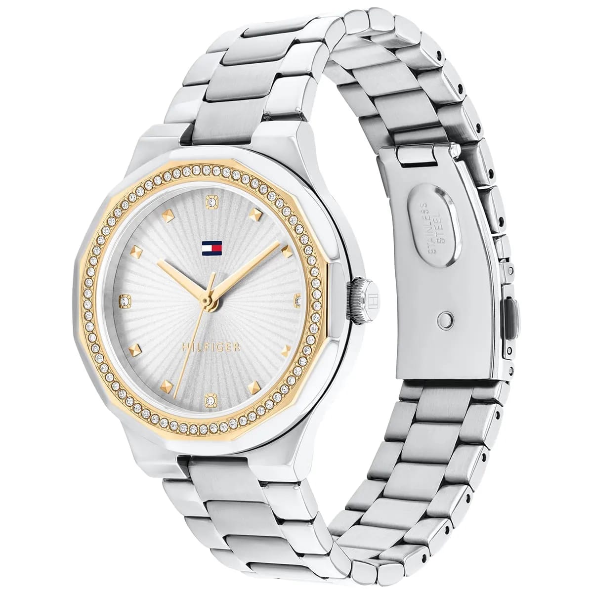 Tommy Hilfiger Ladies Crystal-Accent Watch – Model 1782723 – Silver & Gold Bracelet