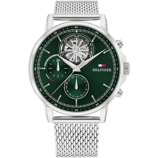 Tommy Hilfiger Men's Multi-Function Watch – Model 1710608 – Silver Mesh Strap – Green Dial