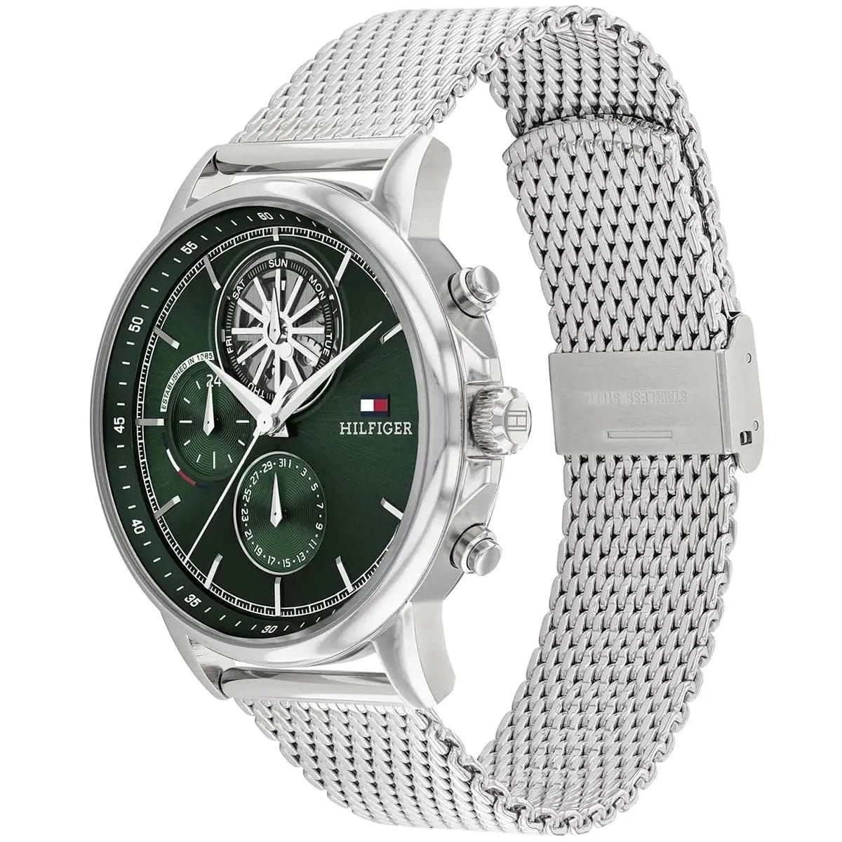 Tommy Hilfiger Men's Multi-Function Watch – Model 1710608 – Silver Mesh Strap – Green Dial