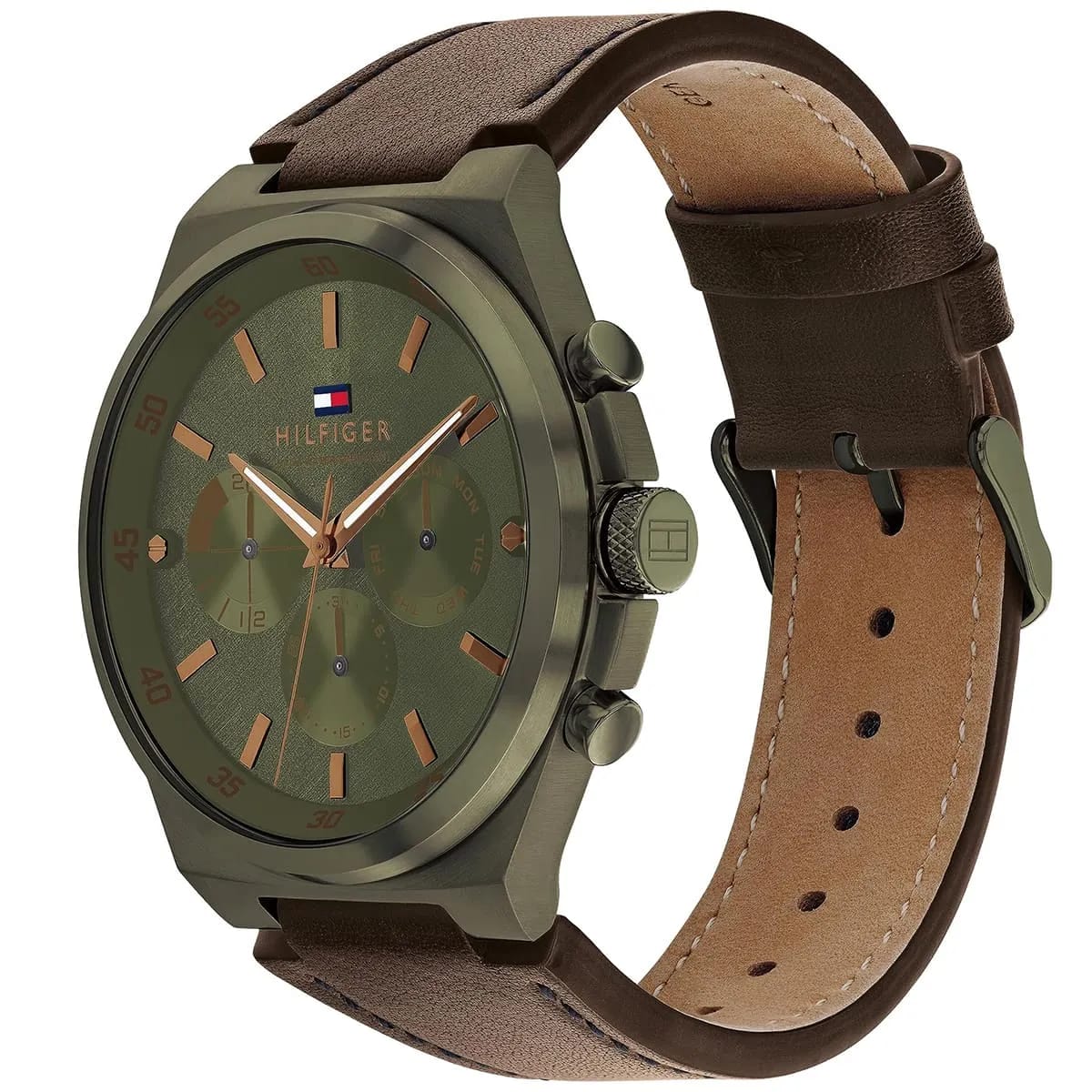 Tommy Hilfiger Men's Watch 1792085 – Olive Green Dial & Brown Leather Strap