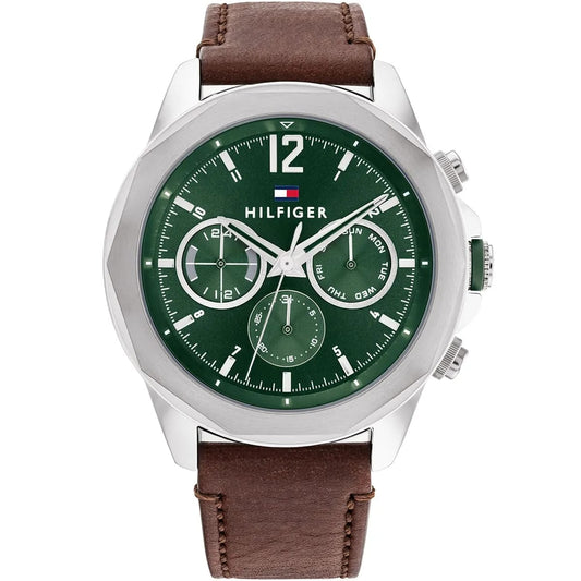 Tommy Hilfiger Men's Multi-Function Watch – Model 1792064 – Green Dial – Brown Leather Strap