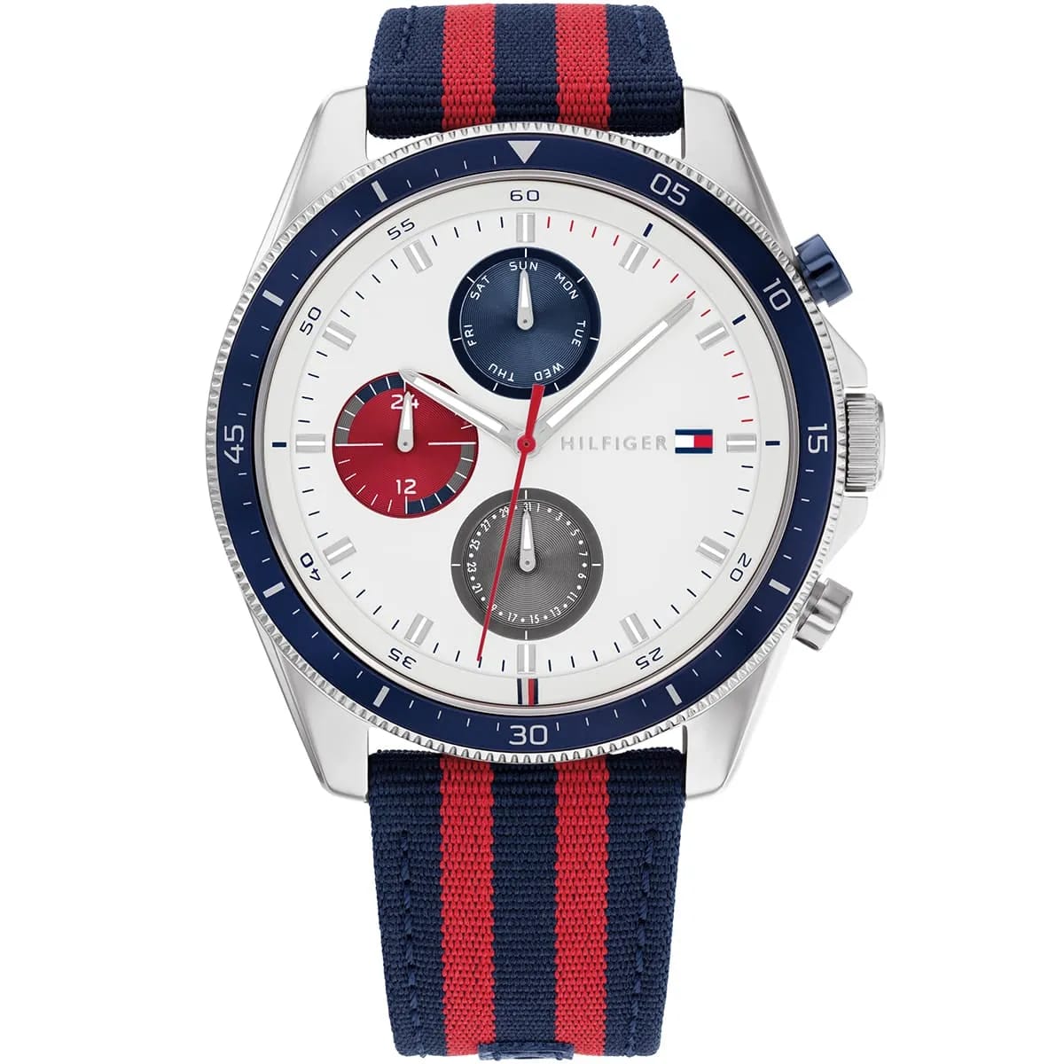 Tommy Hilfiger Men's Multi-Function Watch – Model 1792035 – White Dial with Navy & Red Fabric Strap
