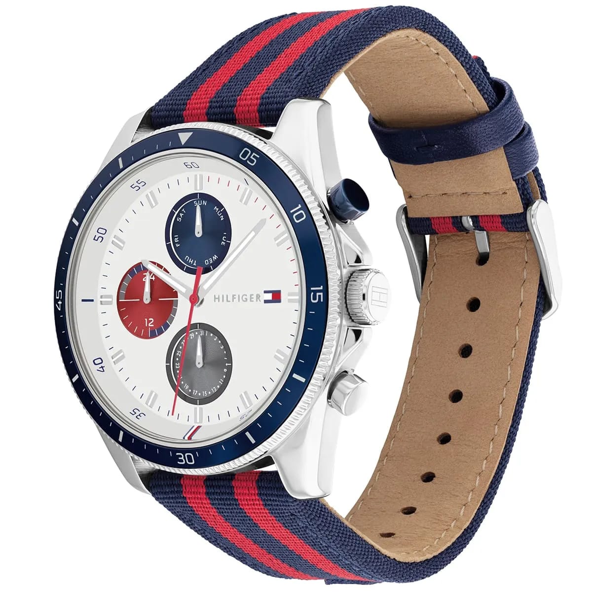 Tommy Hilfiger Men's Multi-Function Watch – Model 1792035 – White Dial with Navy & Red Fabric Strap