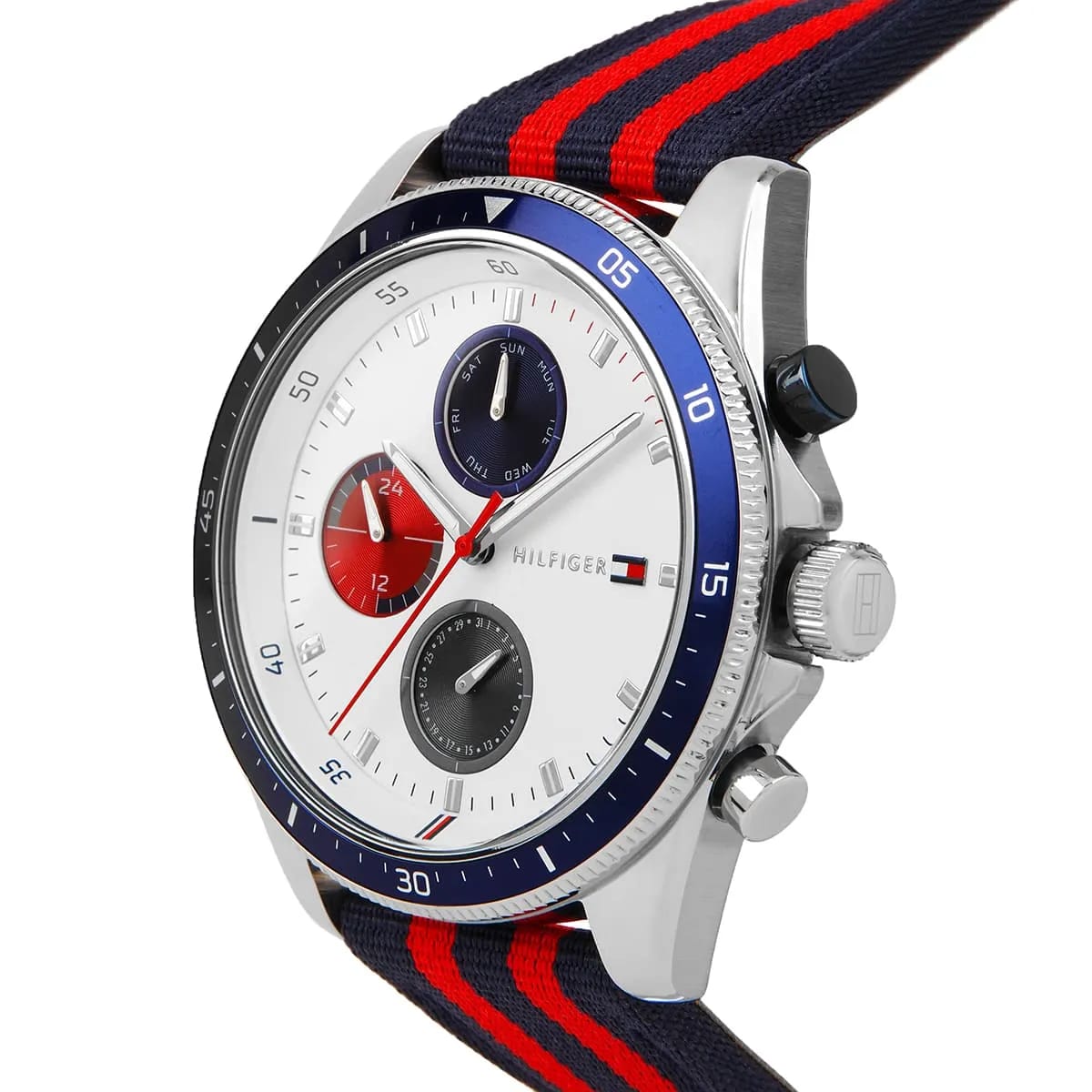 Tommy Hilfiger Men's Multi-Function Watch – Model 1792035 – White Dial with Navy & Red Fabric Strap