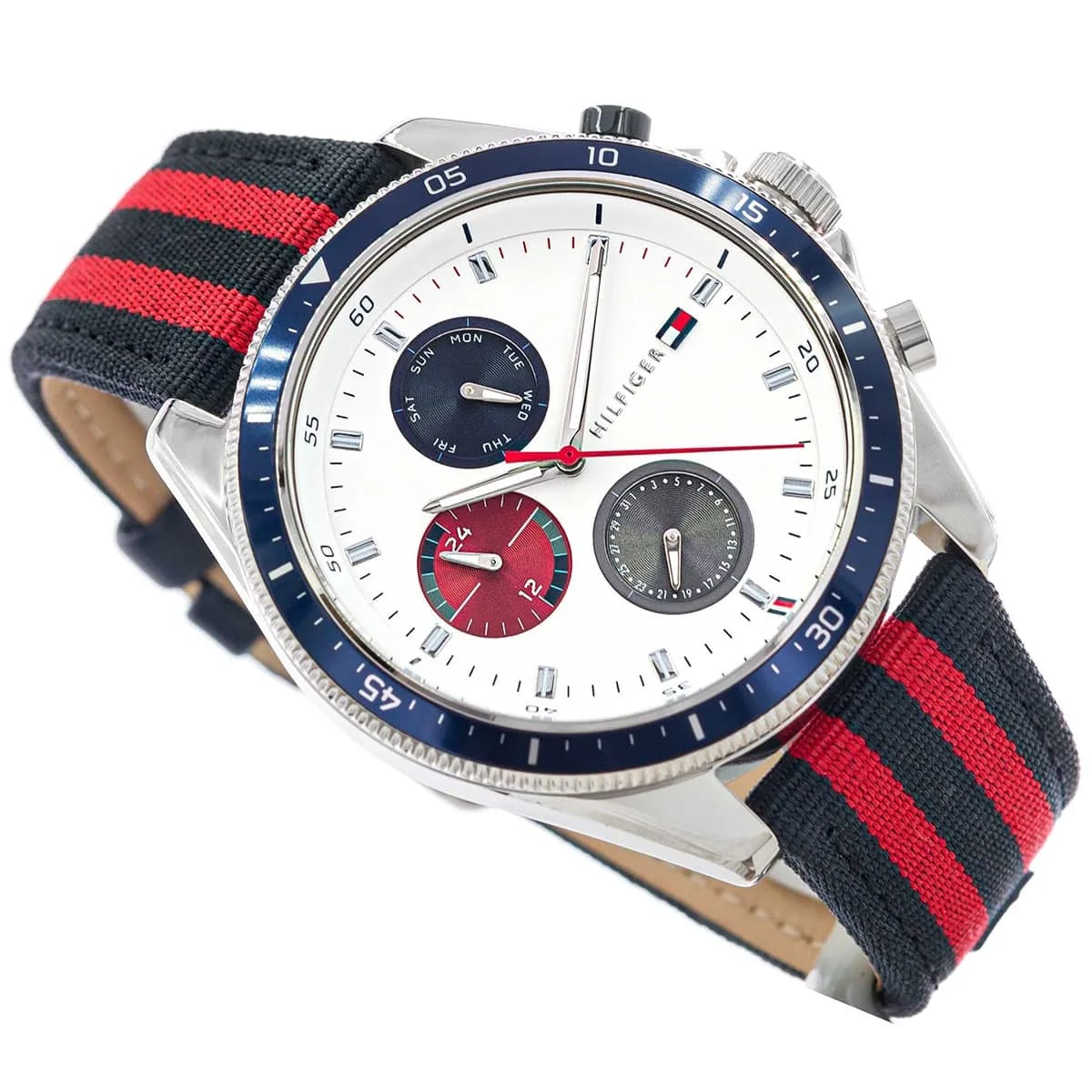 Tommy Hilfiger Men's Multi-Function Watch – Model 1792035 – White Dial with Navy & Red Fabric Strap