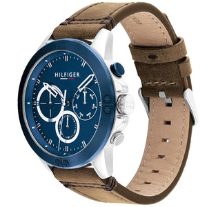 Tommy Hilfiger Harley 1791895 Men’s Blue Dial Brown Leather Multi-Function Watch - Luxury Hub Store