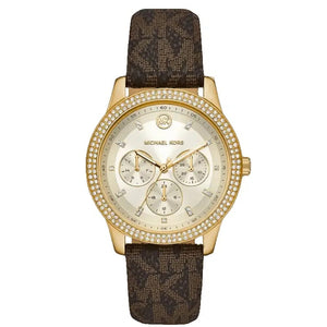 Michael Kors Tibby MK6966 Women’s Gold Dial Brown Leather Multi-Function Watch - Luxury Hub Store