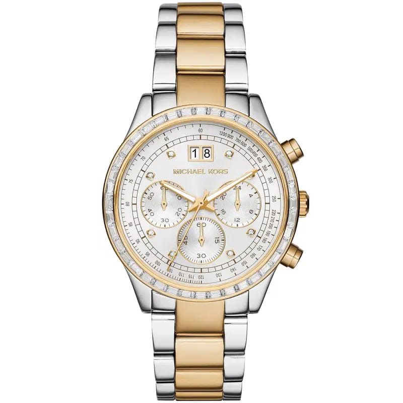 Michael Kors Brinkley MK6188 Women’s Silver & Gold Dial Two-Tone Chronograph Watch - Luxury Hub Store