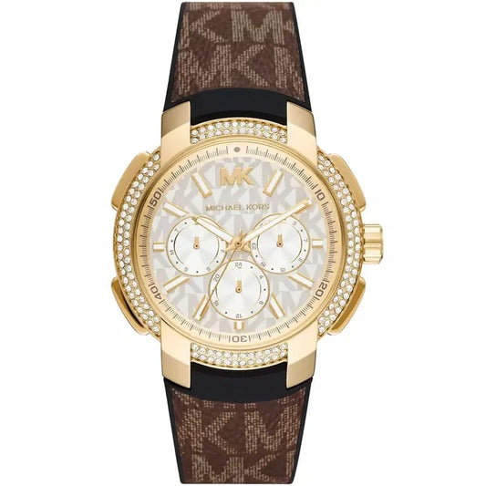 Michael Kors Sidney MK6948 Women’s Gold Dial Brown Logo Strap Multi-Function Watch