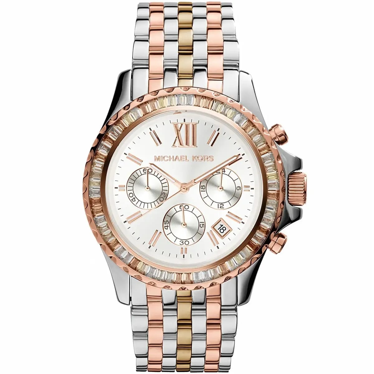 Michael Kors MK5876 Women’s Tri-Tone Baguette Bezel Chronograph Watch - Luxury Hub Store