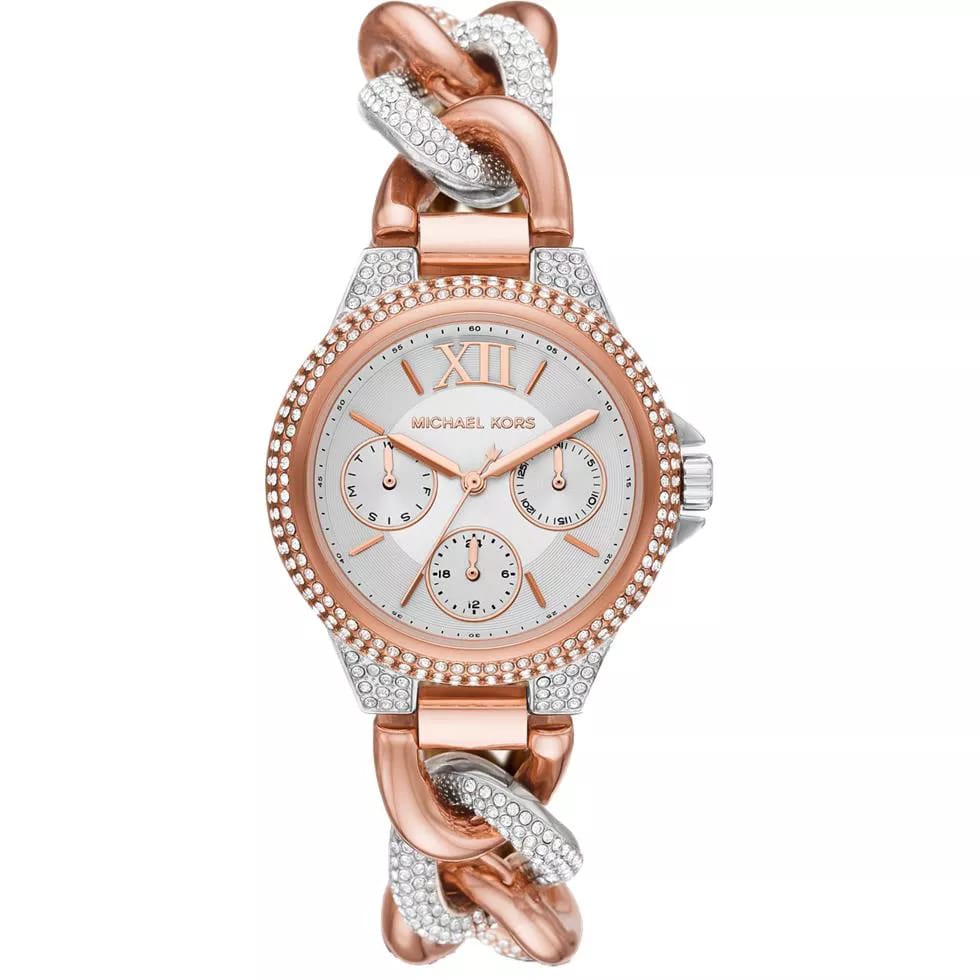 Michael Kors MK6843 Women’s Rose Gold & Silver Mini Camille Crystal Chain-Link Watch - Luxury Hub Store
