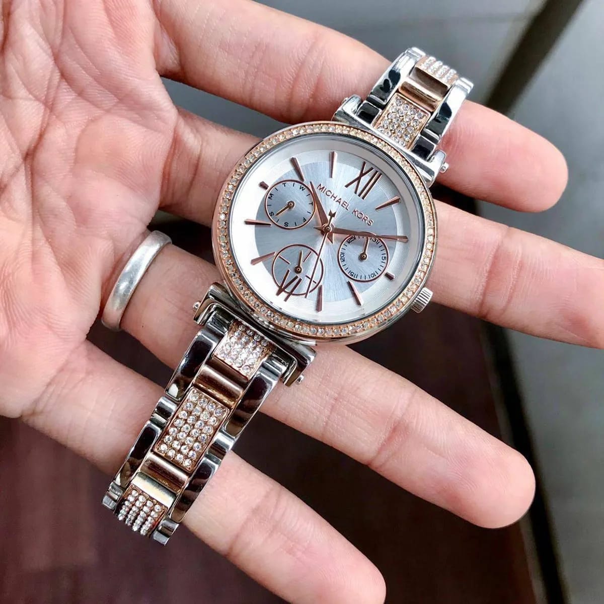 Michael Kors MK4353 Sofie Women’s Silver Rose Gold Chronograph Crystal Watch - Luxury Hub Store