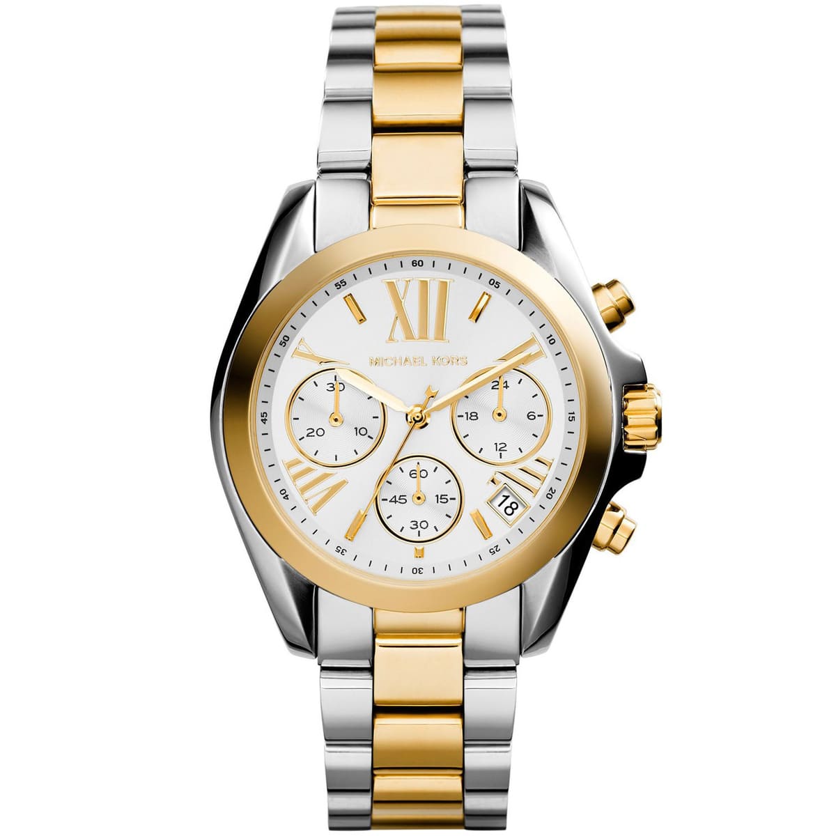 Michael Kors MK5974 Bradshaw Women’s White Dial Two-Tone Stainless Steel Chronograph Watch - Luxury Hub Store