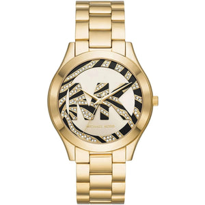 Michael Kors MK4561 Slim Runway Women’s Gold Crystal Logo Dial Stainless Steel Watch - Luxury Hub Store
