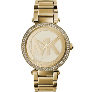 Michael Kors MK5784 Parker Women’s Gold Crystal Bezel MK Logo Dial Stainless Steel Watch - Luxury Hub Store