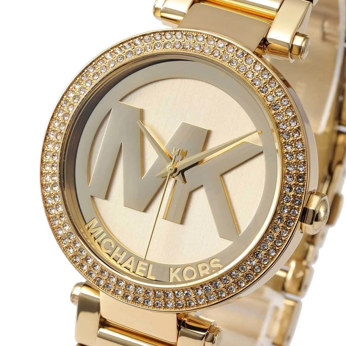 Michael Kors MK5784 Parker Women’s Gold Crystal Bezel MK Logo Dial Stainless Steel Watch - Luxury Hub Store