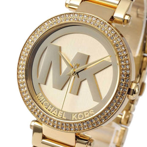 Michael Kors MK5784 Parker Women’s Gold Crystal Bezel MK Logo Dial Stainless Steel Watch - Luxury Hub Store
