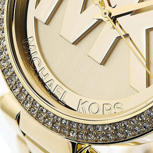 Michael Kors MK5784 Parker Women’s Gold Crystal Bezel MK Logo Dial Stainless Steel Watch - Luxury Hub Store