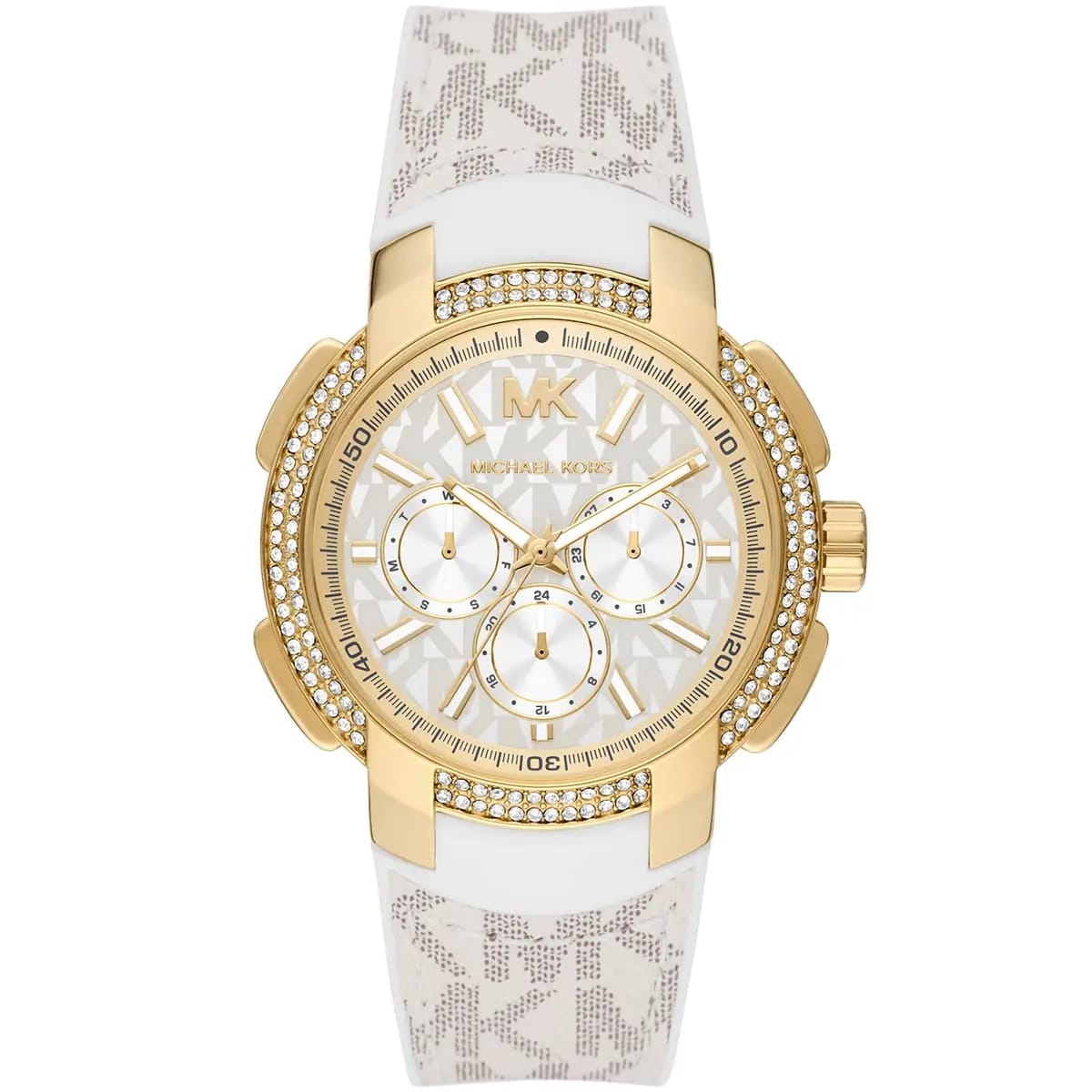 Michael Kors MK7221 Women’s White Dial White Logo Strap Gold-Tone Multi-Function Watch - Luxury Hub Store