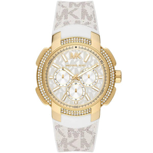 Michael Kors MK7221 Women’s White Dial White Logo Strap Gold-Tone Multi-Function Watch - Luxury Hub Store