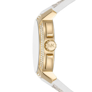 Michael Kors MK7221 Women’s White Dial White Logo Strap Gold-Tone Multi-Function Watch - Luxury Hub Store