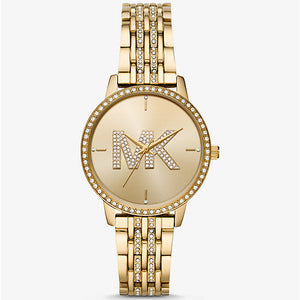Michael Kors MK4371 Women’s Gold Dial Gold Stainless Steel Crystal MK Logo Watch - Luxury Hub Store