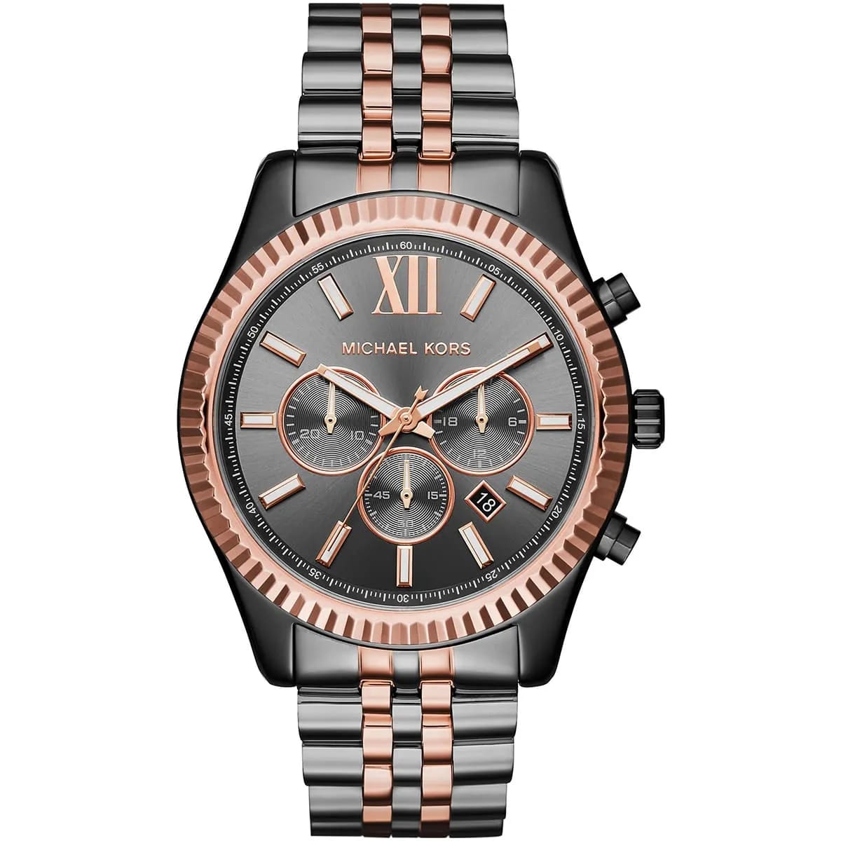 Michael Kors MK8561 Men’s Grey Dial Two-Tone Black Rose Gold Stainless Steel Lexington Chronograph Watch - Luxury Hub Store