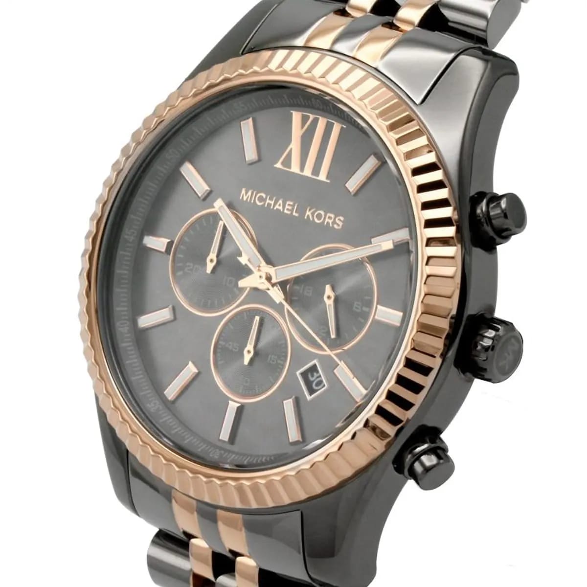Michael Kors MK8561 Men’s Grey Dial Two-Tone Black Rose Gold Stainless Steel Lexington Chronograph Watch - Luxury Hub Store