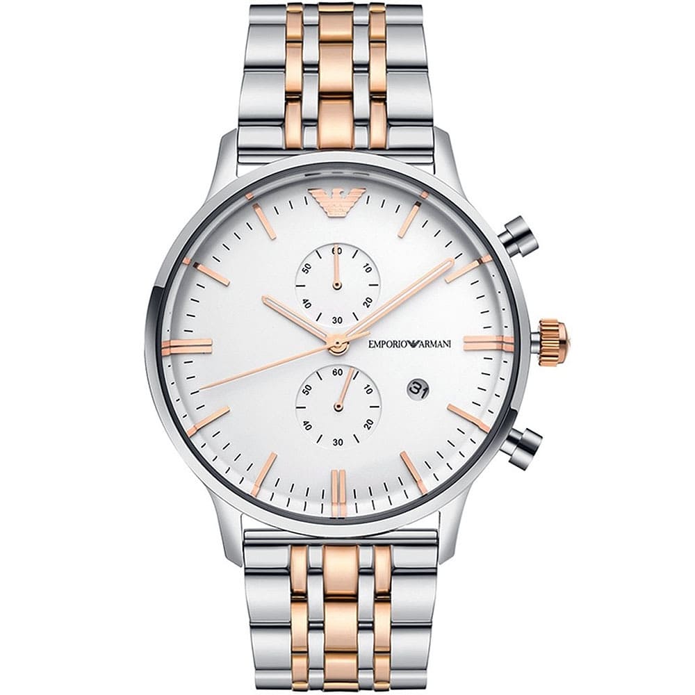 Emporio Armani AR0399 Men’s Silver Dial Two-Tone Stainless Steel Gianni Chronograph Watch - Luxury Hub Store