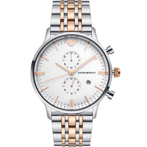 Emporio Armani AR0399 Men’s Silver Dial Two-Tone Stainless Steel Gianni Chronograph Watch - Luxury Hub Store