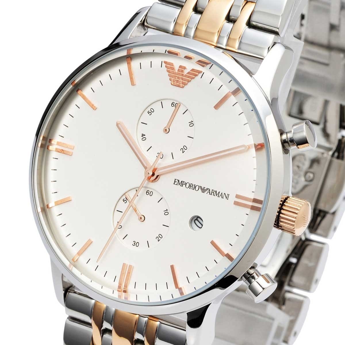 Emporio Armani AR0399 Men’s Silver Dial Two-Tone Stainless Steel Gianni Chronograph Watch - Luxury Hub Store