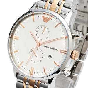 Emporio Armani AR0399 Men’s Silver Dial Two-Tone Stainless Steel Gianni Chronograph Watch - Luxury Hub Store