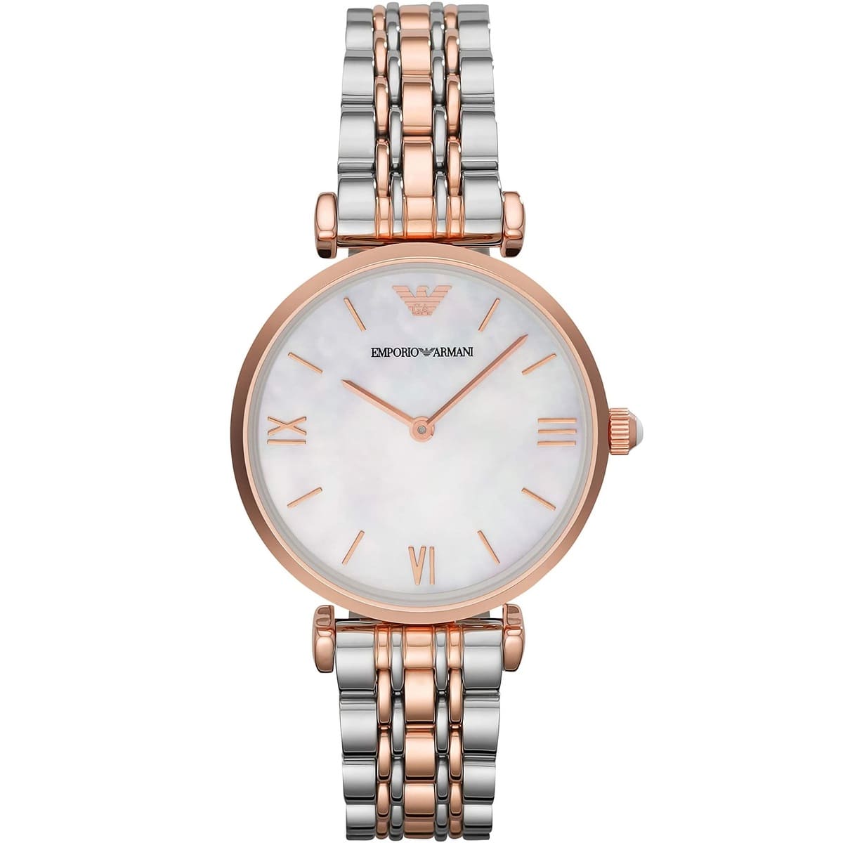Emporio Armani AR1683 Women’s Mother of Pearl Dial Two-Tone Stainless Steel Gianni T-Bar Watch - Luxury Hub Store