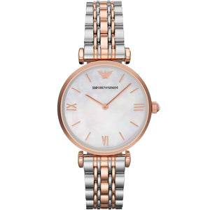 Emporio Armani AR1683 Women’s Mother of Pearl Dial Two-Tone Stainless Steel Gianni T-Bar Watch - Luxury Hub Store