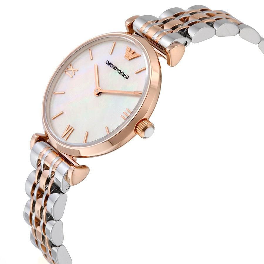 Emporio Armani AR1683 Women’s Mother of Pearl Dial Two-Tone Stainless Steel Gianni T-Bar Watch - Luxury Hub Store